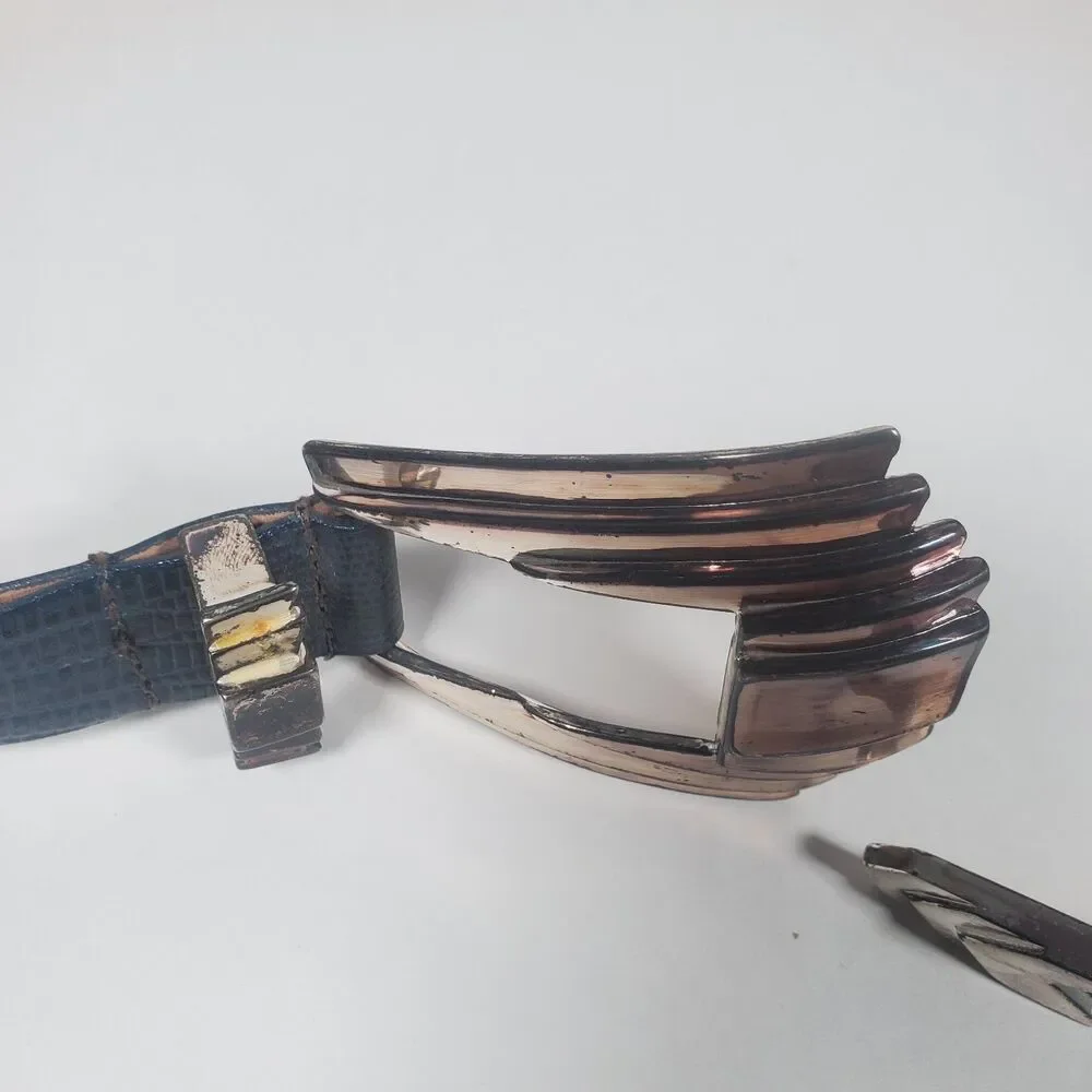 Vintage The Ritz Women's Blue Croc Embossed Leather Belt Art Deco Silver Buckle